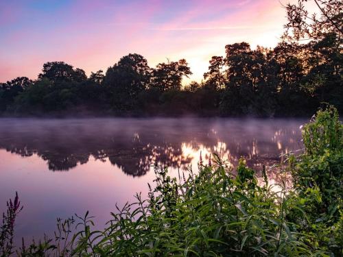 a misty morning on a lake with trees in the background at Crowne Plaza Marlow by IHG in Marlow