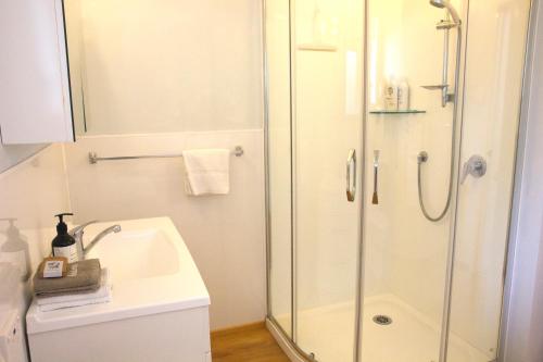 a bathroom with a shower and a sink at Magnolia House in Blenheim