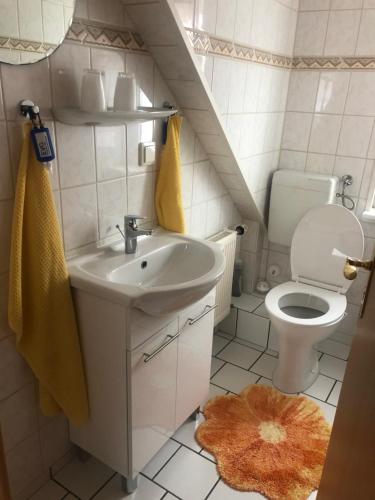 un bagno con lavandino e WC di Ferienwohnung am Binnensee a Heiligenhafen