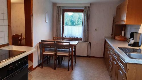 une cuisine avec une table et des chaises ainsi qu'une fenêtre dans l'établissement Ferienhaus Andrea Höcherl, à Wolkenstein
