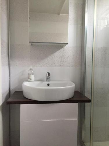 a bathroom with a white sink and a mirror at Queens Guesthouse Manchester in Manchester