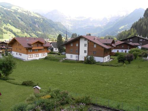 un groupe de maisons dans un champ de montagnes dans l'établissement Apartment Stöckli by Interhome, à Lenk im Simmental