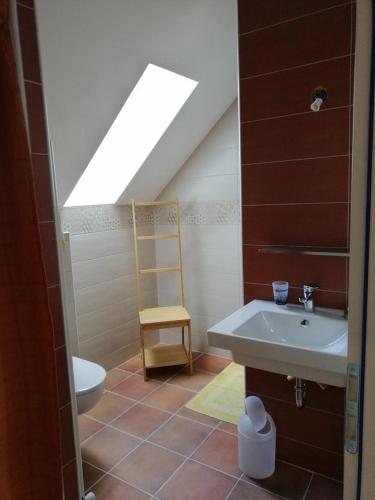 La salle de bains est pourvue d'un lavabo, de toilettes et d'une lucarne. dans l'établissement La Grange à outeaux, à Montpont-en-Bresse