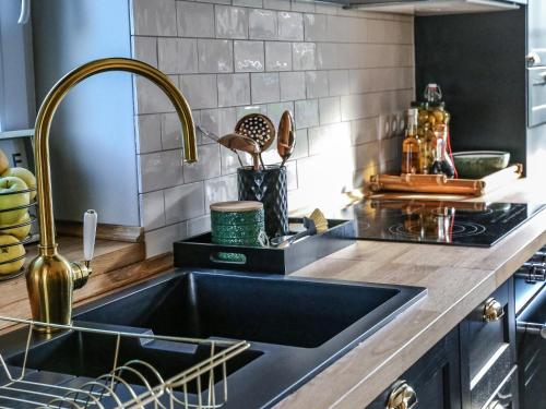 a kitchen sink with a gold faucet at Ferienhaus Gut Glück in Lancken-Granitz