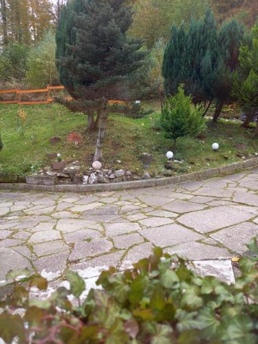 a garden with trees and a stone walk way at Monteur- und Ferienwohnung Waldrauschen in Fehrenbach