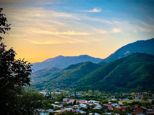 a view of a town in a valley with mountains at View Racha in Ambrolauri