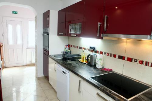 una cocina con armarios rojos y fregadero en Beautiful Bay View Apartment Portoroz IU en Portorož