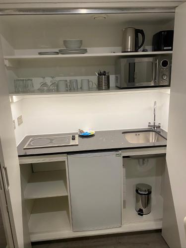 a kitchen with a sink and a microwave at Axiom Park Hotel in London