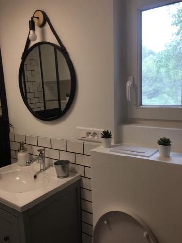une salle de bain avec un lavabo, des toilettes et un miroir dans l'établissement Loft entre mer et campagne à Toulon, à Toulon