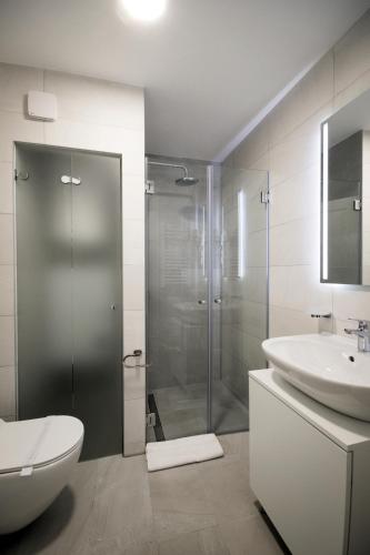 a bathroom with a shower and a toilet and a sink at Hotel LoRa in Belgrade