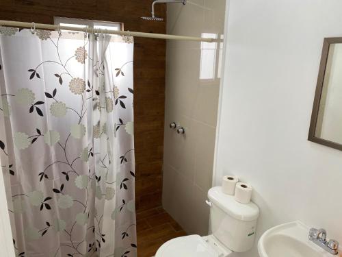 a bathroom with a toilet and a shower curtain at Casa nueva recien equipada y completa. in Chihuahua