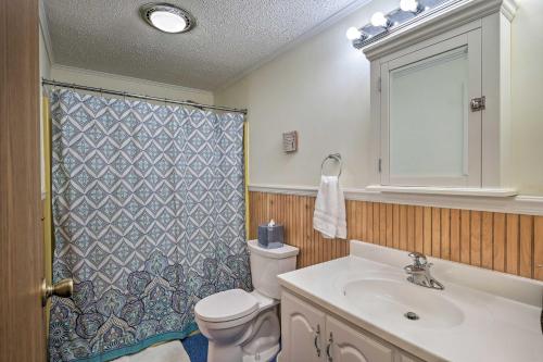 La salle de bains est pourvue de toilettes, d'un lavabo et d'une douche. dans l'établissement Woodsy Diamond Point Getaway - 5 Mi to Lake George, à Diamond Point