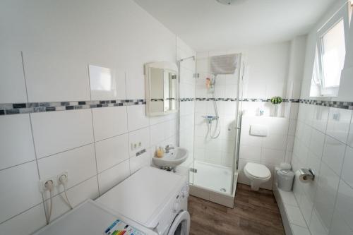 海因斯貝格的住宿－Ferienwohnung Anke 5，白色的浴室设有卫生间和水槽。
