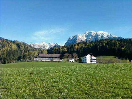a large field with a building and mountains in the background at Ferienhof Hochbrandt in Spital am Pyhrn
