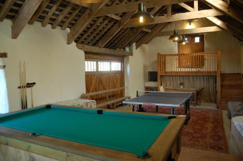 a living room with a pool table in it at Nantgwynfaen Organic Farm Wales in Llandysul