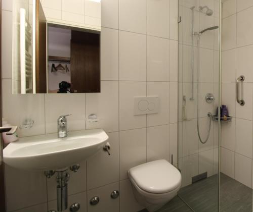 ein Bad mit einem WC, einem Waschbecken und einer Dusche in der Unterkunft Palousa 3001 Na in Valbella