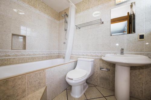 a bathroom with a white toilet and a sink at Suites de Reyes in Irapuato