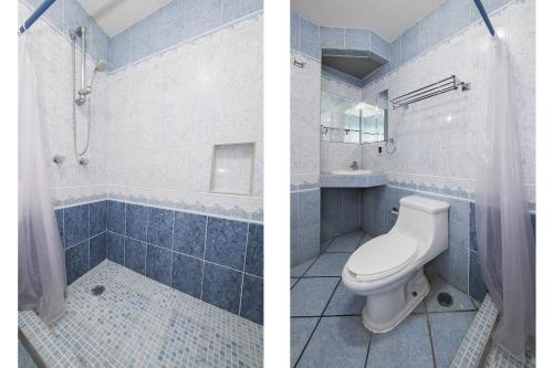 two pictures of a bathroom with a toilet and a shower at Suites de Reyes in Irapuato