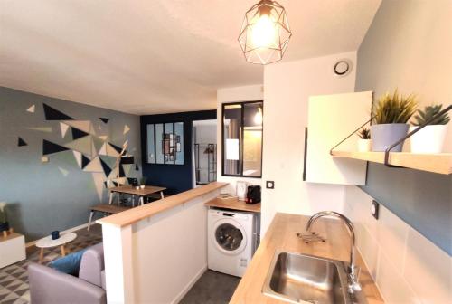une cuisine et un salon avec un évier et une machine à laver dans l'établissement L'ÉGLANTINE - Proche Centre - Free Parking - Airbus, à Toulouse