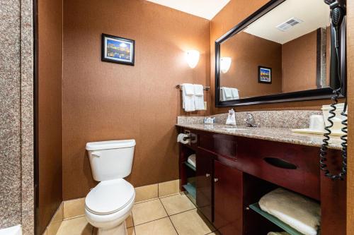 a bathroom with a toilet and a sink and a mirror at Comfort Suites Lake Worth in Fort Worth