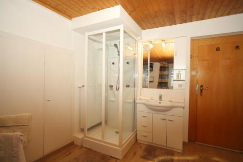 ein Bad mit einer Dusche und einem Waschbecken in der Unterkunft Bockwirt in Schladming
