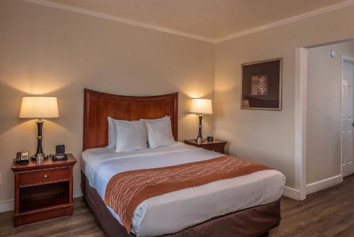 a hotel room with a bed with two night stands and two lamps at Blu Pacific Hotel in Monterey