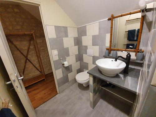 La salle de bains est pourvue d'un lavabo et de toilettes. dans l'établissement 8mn du zoo de beauval chambre de charme Au Havre De Paix, à Couffy