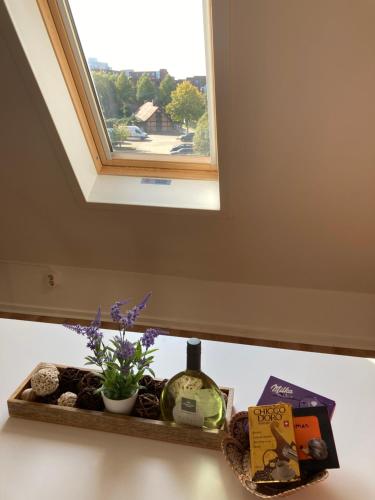 a shelf with a window and a clock and flowers at Wohnung in Lüneburg in Lüneburg