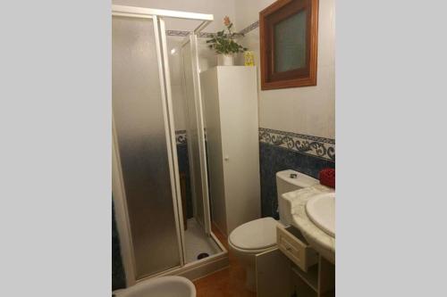uma casa de banho com um chuveiro, um WC e um lavatório. em Bungalov u Růžové laguny em Torrevieja
