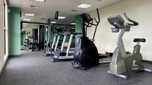een fitnessruimte met een rij hometrainers en loopbanden bij Holiday Inn San Salvador, an IHG Hotel in San Salvador