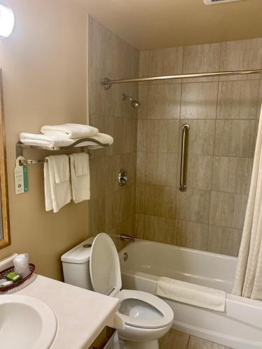 a bathroom with a toilet and a tub and a sink at Valley Inn Motel in Sudbury