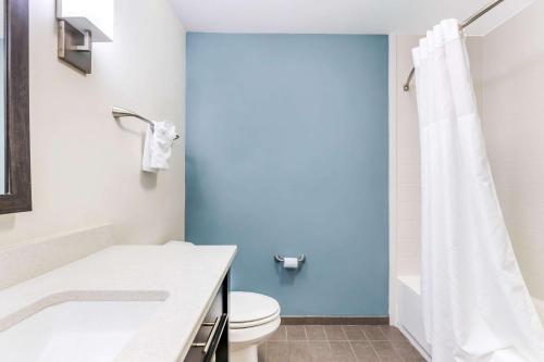 a bathroom with a toilet and a blue wall at Sleep Inn & Suites Ames near ISU Campus in Ames