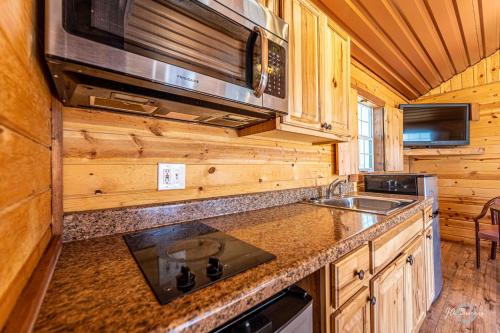 a kitchen with a stove and a sink in a cabin at Elite Cabins and RV Park in Big Spring