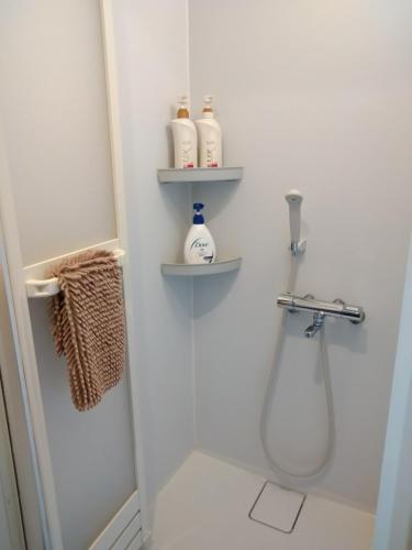 a white bathroom with a shower and a sink at Rimon Apartment in Tokyo