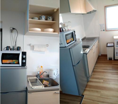 two pictures of a kitchen with a refrigerator and a microwave at Rimon Apartment in Tokyo