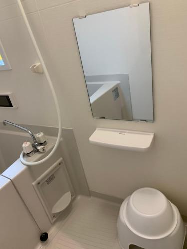 a bathroom with a white toilet and a mirror at One More Heart Kyoto Station South 4 in Nishi-kujō-Toriiguchichō