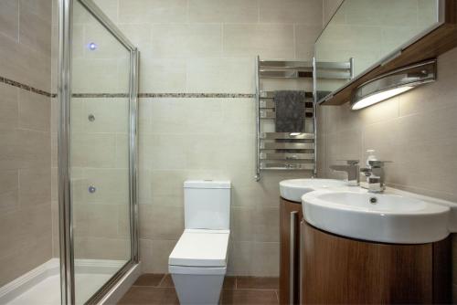 uma casa de banho com um WC, um lavatório e um chuveiro em The Penthouse 15 At the Beach, Torcross em Beesands
