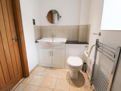 a bathroom with a white toilet and a sink at Mallard Cottage in Whitby