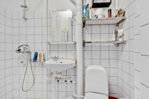 biała łazienka z umywalką i toaletą w obiekcie Stille og hyggelig lejlighed w Kopenhadze