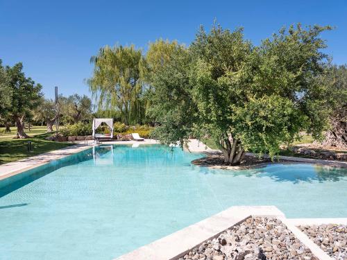 a swimming pool with a tree and a basketball hoop at Trulli Uliveto Acquafonda in Alberobello