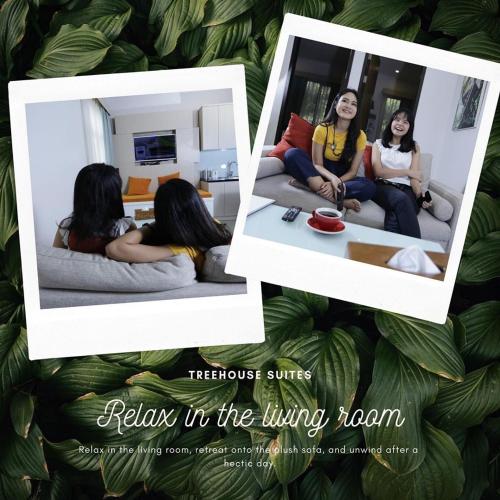 three girls sitting on a couch in a living room at Treehouse Suites - Boutique Serviced Apartment in Jakarta