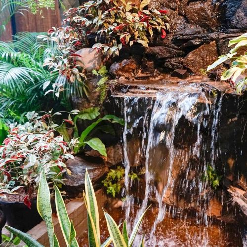 a waterfall in a garden with plants at Treehouse Suites - Boutique Serviced Apartment in Jakarta