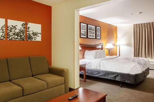 Sleep Inn & Suites في هوبز: غرفه فندقيه بسرير واريكه