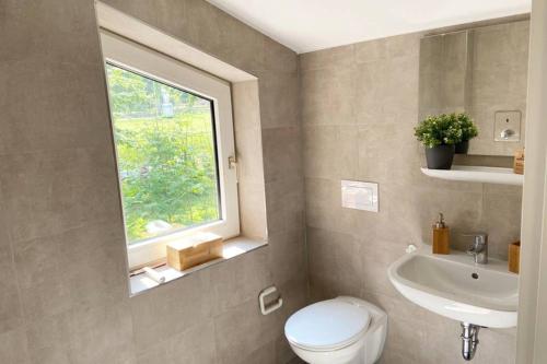 łazienka z toaletą, umywalką i oknem w obiekcie Luxus Apartment I , Netflix, Küche und Gym w mieście Reken