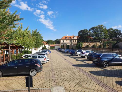 una fila di auto parcheggiate in un parcheggio di Hotel Čertousy a Praga