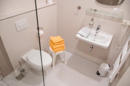 a bathroom with a toilet and a sink at Hotel Müller in Genthin