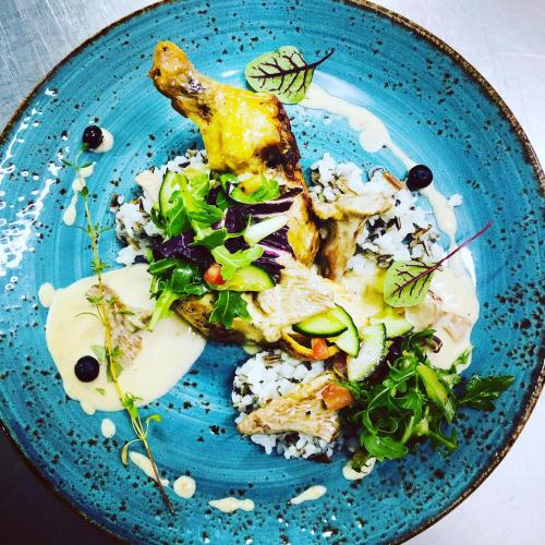 a blue plate of food with rice and vegetables at Hotel Arkadia in Klecza Górna