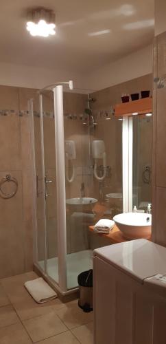 une salle de bain avec douche et lavabo dans l'établissement Apartment Chamoissiere, au Monêtier-les-Bains