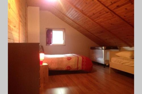 - une chambre avec un lit et une fenêtre mansardée dans l'établissement Chalet en pleine nature pour 12 personnes, à Besse-et-Saint-Anastaise