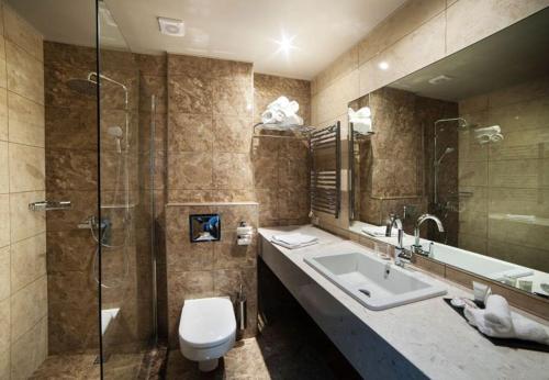 a bathroom with a toilet and a sink and a shower at Theasis Hotel Paramythia in Paramythia